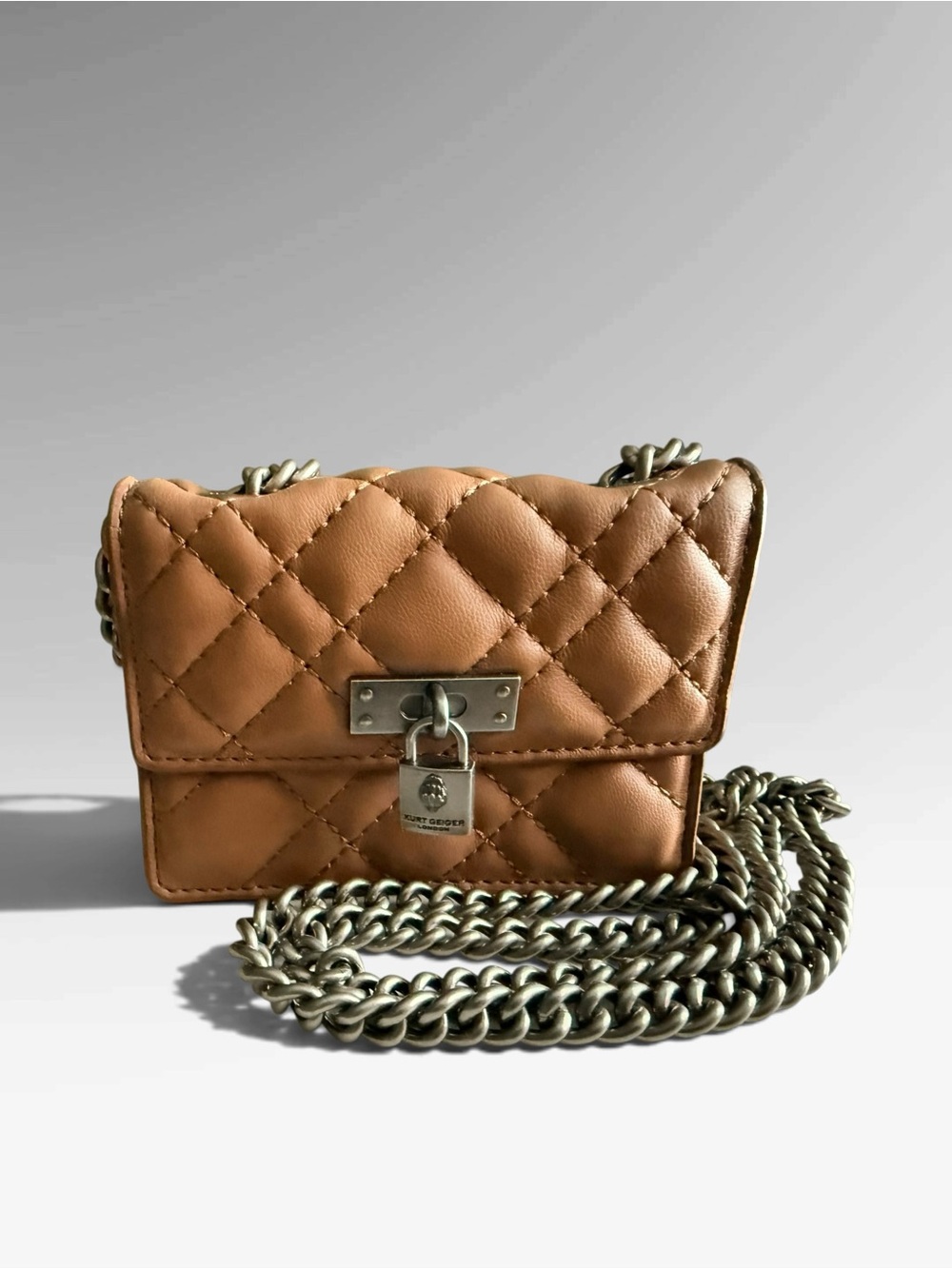 Kurt Geiger Quilted Leather Crossbody with Silver Chain and Padlock - Tan